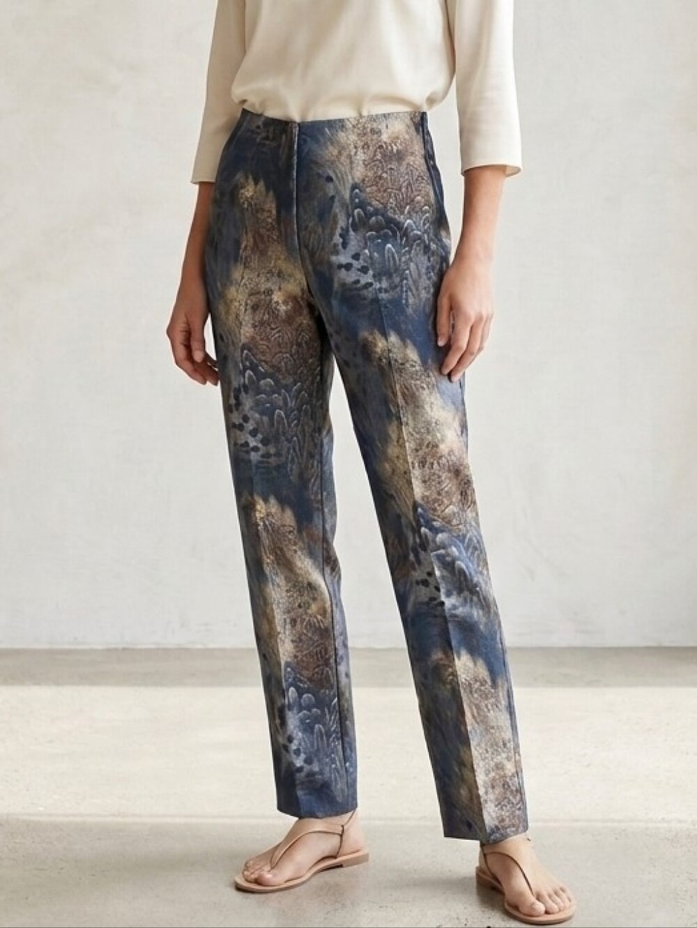 Worth High Rise Peacock Feather Print Pant Size 6 Shimmer Watercolor Look
